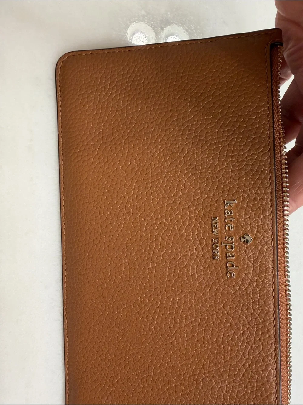 kate spade Brown Pebbled Leather Zip Wristlet with Strap
